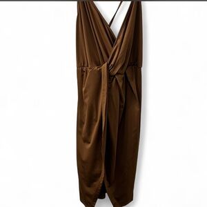 SHEIN Curve Satin Brown Wrap Spaghetti Strap Dress